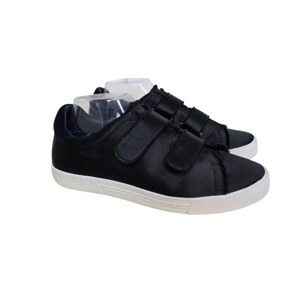 Joie Black Satin Low Top Velcro Strap Sneakers Size 39 Raw Edge Black White